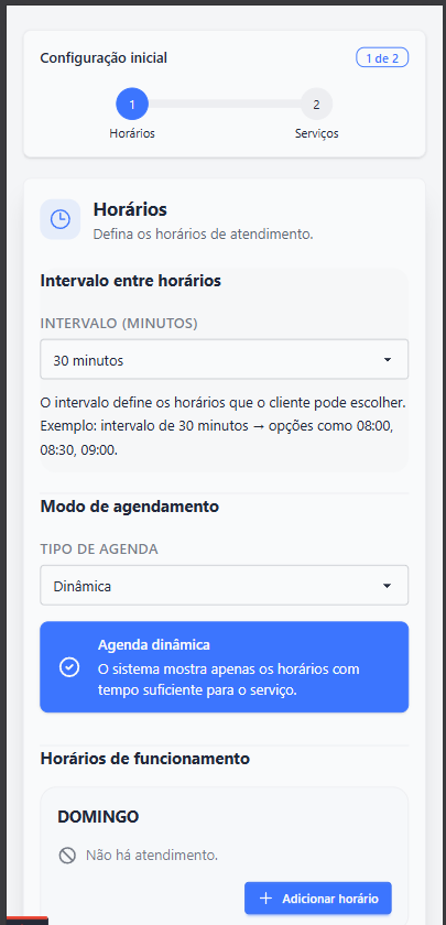 Etapa de horários da configuração inicial